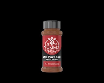 May include: A brown plastic spice bottle with a black lid. The red label reads "YUMMZ SEASONING" and "All Purpose SEASONING". The net weight is 206g (7.28 oz).