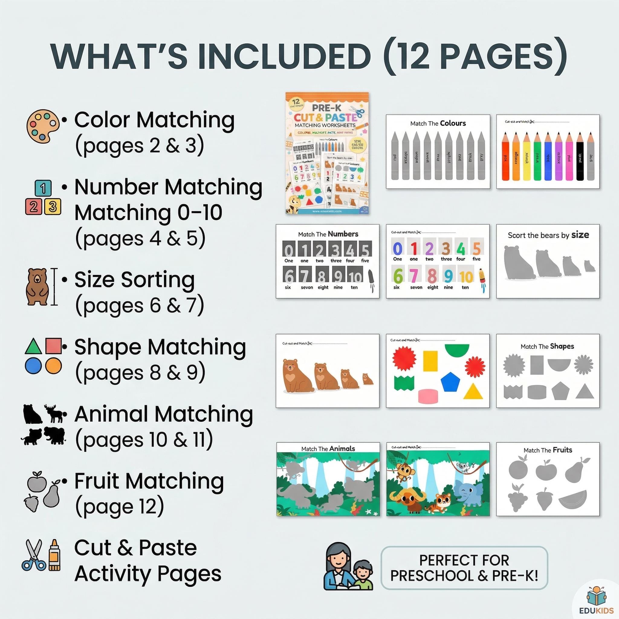 Pre-k Cut and Paste Matching Worksheets | Colors, Numbers, Shapes (PDF ...