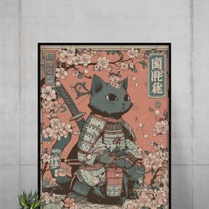 Fine Art Posters, Samurai Cat Under Cherry Blossom Japanese Inspired Poster Print, Wall Art Home Decor, Anime Cat Lover Gift, Japanese