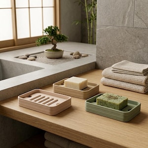 Può includere: Tre portasapone rettangolari con lati a coste in rosa chiaro, beige e verde salvia. Un piatto beige contiene una saponetta bianca solida, e un piatto verde salvia contiene una saponetta verde ruvida. Il piatto rosa è vuoto con fessure di scolo.