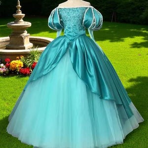 Ariel Inspired Ball Gown | Adult Aqua Princess Dress | Little Mermaid Cosplay Costume | Teal Off Shoulder Puff Fairytale Wedding Dress
