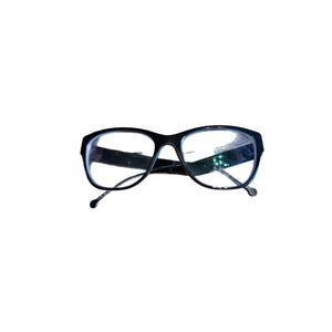 May include: Black-framed eyeglasses with a rectangular shape. The glasses have clear lenses and thin, curved temples. The frames are a glossy black, and the overall design is modern and sleek.