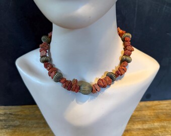Vintage Red Coral and Gold Tone Bead  Necklace