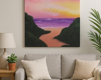 ピンク紫の夕日とヤシの木の油絵、キャンバス、海の絵、熱帯の絵