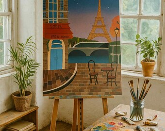 Paris Straßenszene Acrylgemälde: Eiffelturm, Café - Kunst auf Leinwand