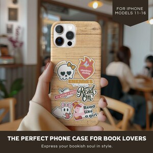 Capa de celular com estampa de livro para iPhone – Acessórios fofos para livros com adesivos de leitura, capa de celular com estampa de livro, presente para amantes de livros