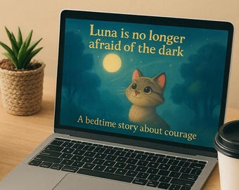Puede incluir: Un ordenador portátil muestra la portada de un libro infantil con una ilustración de un gato bajo la luna llena. El texto dice "Luna ya no tiene miedo a la oscuridad" y "Un cuento para dormir sobre el coraje". Las palabras "PRINTABLE KIDS BOOK" están en la parte superior.