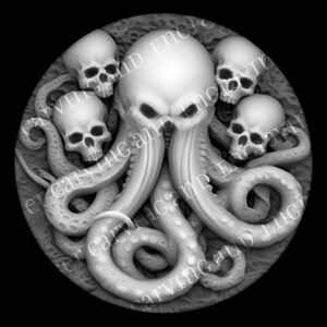 May include: A grayscale circular design featuring an octopus with five skulls. The octopus has detailed tentacles and a central head, with skulls positioned around it. The artwork has a textured background and is rendered in a detailed, artistic style.
