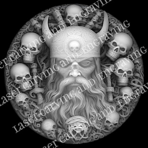 May include: A grayscale relief carving of a Viking warrior with a horned helmet, long beard, and surrounded by skulls. The detailed artwork features intricate patterns and textures, creating a dramatic and historical aesthetic. The image is circular and set against a black background.
