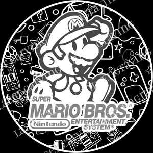 May include: A black and white circular graphic featuring the Super Mario Bros. logo and character. The design includes the Nintendo Entertainment System logo and various game-related icons, all set against a black background.