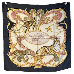 Vintage Salvatore Ferragamo Silk Scarf – Jungle Big Cats & Baroque Scrolls