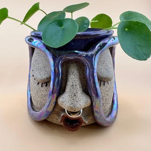 Handmade Face Planter: Iridescent Glasses, Silver Nose Ring