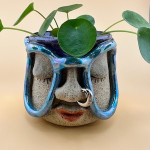 Handmade Face Planter: Iridescent Glasses, Silver Nose Ring