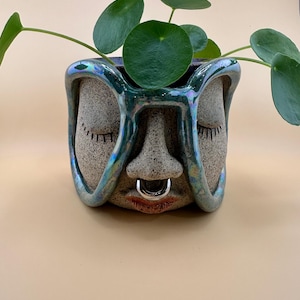 Handmade Face Planter: Iridescent Glasses, Silver Nose Ring
