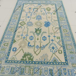 Hand knotted green white Oushak Made to Order (In Any Size!!) Geometric Knotted Modern Oushak rug/ large area/sage/muted oushak rug 5x8 8x10