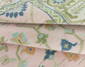 Hand Knotted Oushak Wool Rug: Pink & Green Traditional Home Decor