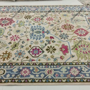 Exquisite Hand-Knotted Sky Blue Beige with Pink Green Oushak Rug 9x12 - Modern Persian Design Wool Area Rug for living room bedroom