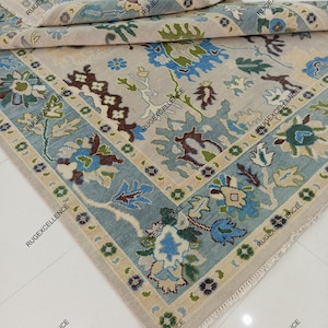 9x12 Hand-Knotted Floral Medallion Oushak Rug with Serene Blue Border colorful oushak Rug, Kids, Living Room Rug, 5x8, 6x9, 8x10