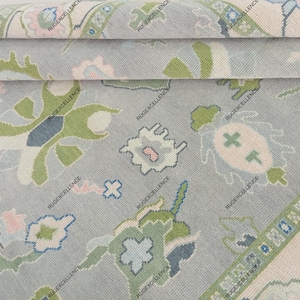 9'X12' Blue And Green Rug, Oushak Rug With Ivory, Olive Green & Light Pink Motifs: Modern Coastal Comfort Area Rug