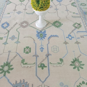 9'X12' Hand knotted Blue And Green Rug, Oushak Rug With Ivory, Olive Green & Brown Modern Coastal Comfort Area Rug