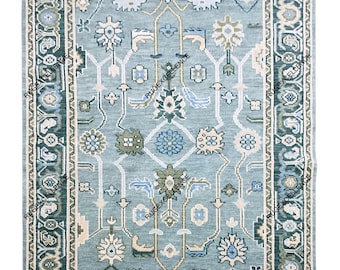 Hand Knotted Wool Oushak Rug: 9x12 Green Turkish Design