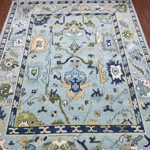 9x12 Blue And Green Designer Oushak Rug, Light Blue Oushak Rug Hand-knotted For Modern Home Decor: Lone Star Luxe Area Rug