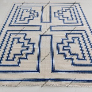 Alfombra Oushak de lana anudada a mano: alfombra vintage beige y azul