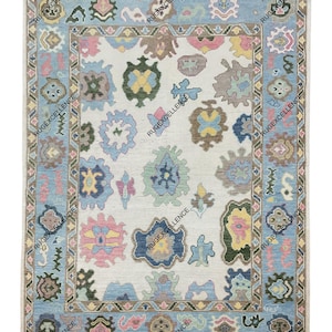 Cream Blue Pink Modern Oushak Hand Knotted Rug 4x6, 5x8, 6x9, 8x10, 9x12, 10x14 ft Handmade Rugs for Living Room - Antique Ethnic rug