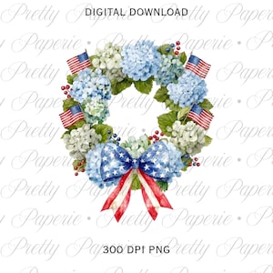 Patriotic Hydrangea Wreath PNG: USA Flag Coquette Bow, Preppy Grandmillennial Clipart (Digital Download)