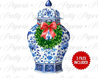 Corona de boj con tarro de jengibre azul chinoiserie PNG: Clipart navideño preppy de la abuela millennial (descarga digital)