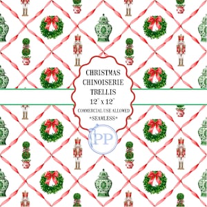 May include: A repeating pattern with Christmas chinoiserie motifs. The design includes green wreaths with red bows, nutcrackers, and decorative vases, set against a white background with a red trellis. The text reads "Christmas Chinoiserie Trellis 30.5cm x 30.5cm".