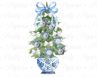 Árbol de Navidad Chinoiserie PNG: Lazo azul coqueto, Clipart navideño preppy (Descarga digital)