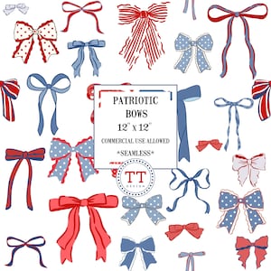 Patriotisk kokett rosett sömlös akvarell mönster JPG 4 juli-rosor Preppy Grandmillennial röd vit blå kokett rosettdesign