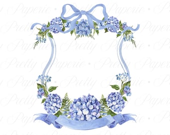 Blue Hydrangea Floral Crest PNG Clipart: Preppy Grandmillennial Design