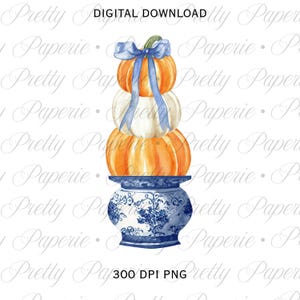 May include: A watercolor illustration of a stack of three pumpkins in orange and white, tied with a blue ribbon, resting on a blue and white patterned ceramic ginger jar. The text DIGITAL DOWNLOAD and 300 DPI PNG are visible.