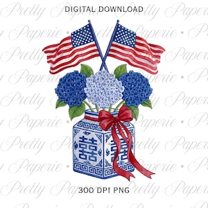 Patriotic Hydrangea Chinoiserie Vase PNG: USA American Flag Coquette Red Bow, Preppy Grandmillennial Clipart (Digital Download)
