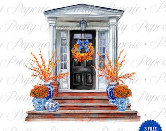 Preppy Chinoiserie Fall Front Door Watercolor Clipart: Pumpkin Topiary PNG (Digital Download)