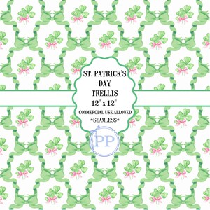 May include: A seamless St. Patrick's Day trellis pattern. The design features a repeating pattern of green bows and shamrocks with pink bows on a white background. The text in the image reads "ST. PATRICK'S DAY TRELLIS 12" x 12" COMMERCIAL USE ALLOWED *SEAMLESS*".