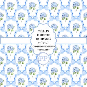 May include: A seamless pattern featuring watercolor hydrangeas and light blue bows on a white background. The design includes the text "TRELLIS COQUETTE HYDRANGEA 12" x 12" COMMERCIAL USE ALLOWED *SEAMLESS*" in a decorative frame.