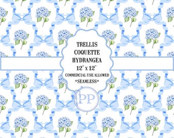 Preppy Hydrangea Trellis Seamless Pattern: Grandmillennial Blue Coquette Bow Watercolor Design (JPG Digital Download)