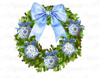 Corona navideña de boj estilo chinoiserie PNG: lazo azul coqueto, clipart navideño preppy (descarga digital)
