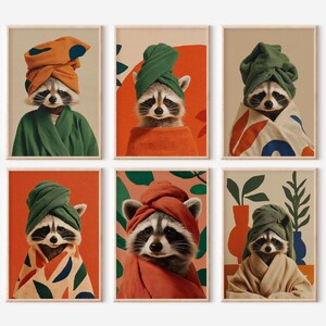 Funny Bathroom Print Set of 6, Toilet Humor Decor, Gift Set, Animal Portrait, Raccoons, Printable Digital Download