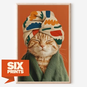 Conjunto de arte mural de gatos divertidos: láminas de gatos de spa, juego de 6 pósteres para decoración de baño, retrato de mascota, descarga digital