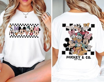 Chemise rétro Mickey et ses amis, t-shirt vacances groupe Disney, chemise dessin animé damier, chemise voyage en famille au royaume magique
