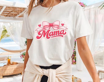 Chemise Coquette Mama, T-shirt graphique rose avec nœud, 100 % coton Cadeau pour la Fête des Mères