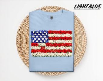 chemise florale vintage drapeau américain, t-shirt fleur patriotique drapeau des Etats-Unis, t-shirt rustique du 4 juillet, t-shirt graphique floral jour de l'indépendance