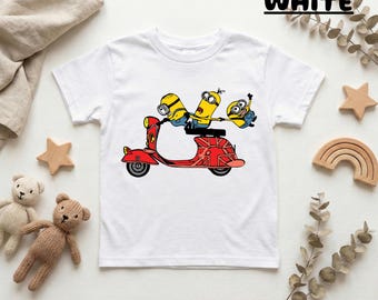 Minion Scooter Graphic T-Shirt, Funny Cartoon Riding Tee, Kids Cotton Bodysuit