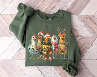 Funny Christmas Chickens Sweatshirt, Holiday Chicken Lights Crewneck, Festive Farm Animal Sweater