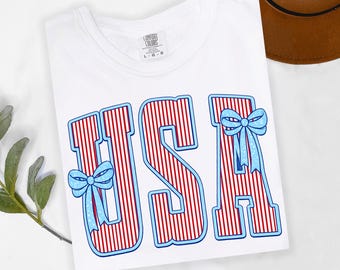 Chemise américaine Coquette Comfort Colors®, chemise à nœud patriotique, t-shirt rétro 4 juillet, jolie chemise drapeau des États-Unis, t-shirt à nœud américain