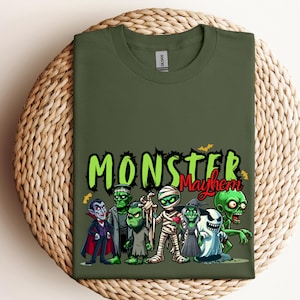 Funny Halloween Monster Mayhem Shirt - Cute Spooky Characters Tee - Dracula, Mummy, Zombie, Witch - Halloween Gift m203